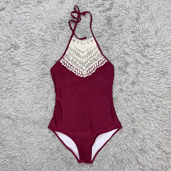 Cupshe Swimsuit Maroon Halter Lace One Piece S Small New - Picture 2 of 7